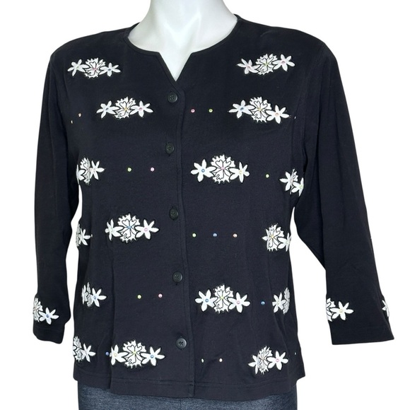 Bechamel black button up 3/4 sleeve cardigan floral medium - Picture 2 of 5